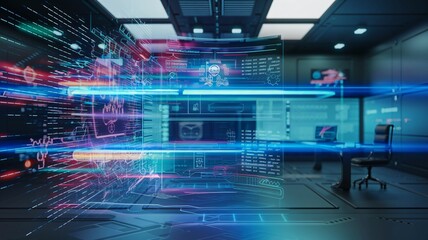 Wall Mural - in a futuristic room, high-tech digital interfaces showcase various holographic elements such as cha