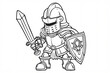© EliteStock - A cartoon knight character in armor, holding a sword and shield, ready for battle. Whimsical design with bold outlines and a playful pose.