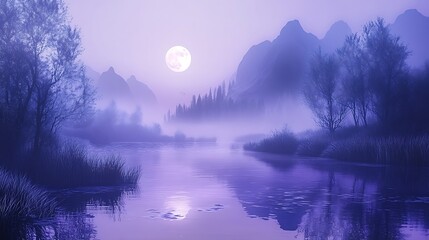 Canvas Print - A serene landscape featuring a purple-hued river, mountains, and a full moon, evoking tranquility.