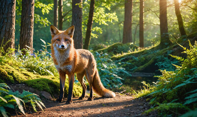 a red fox stands in a forest, looking at the camera