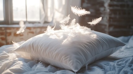 Canvas Print - A serene scene featuring a fluffy pillow with floating feathers, evoking comfort and tranquility.