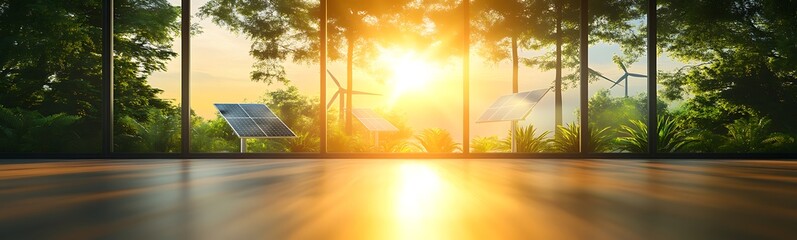 Aufkleber - A bright sunrise shines through large windows, illuminating a spacious room with a view of trees and solar panels, blending nature with modern living.