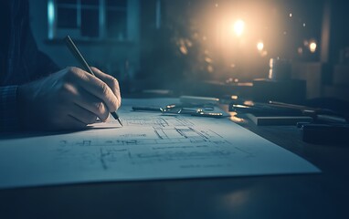 Aufkleber - A person writes on paper with a pen, illuminated by warm light. The scene conveys creativity and focus in a dimly lit environment.
