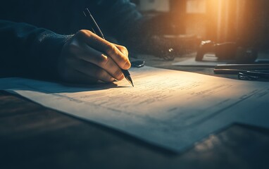 Aufkleber - A hand writes on a sheet of paper with a pen, illuminated by warm light, creating a focused atmosphere for work or creativity.