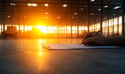 Fototapete - A serene sunset casts golden light through an industrial space as a person writes on paper, reflecting creativity and tranquility in a bustling environment.