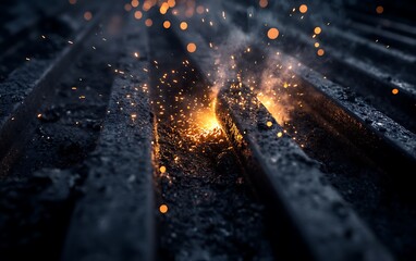 Aufkleber - A close-up view of fiery sparks flying from metal surfaces, showcasing the dynamic interplay of light and texture.