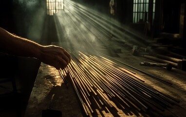 Poster - A hand arranges metal rods on a workbench, illuminated by dramatic shafts of light filtering through a window, creating an atmospheric industrial scene.