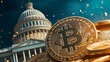 © patpongstock - The image depicts Bitcoin coins in the foreground with the U.S. Capitol building in the background, symbolizing the intersection of cryptocurrency and government.