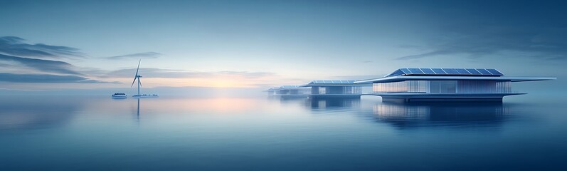 Aufkleber - A serene seascape featuring modern architecture on stilts, reflecting in calm waters under a tranquil blue sky.