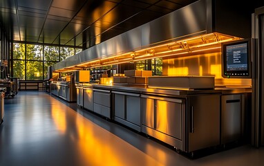 Leinwandbilder - A sleek, modern kitchen showcases stainless steel surfaces, warm lighting, and large windows that flood the space with natural light.