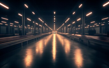Aufkleber - A modern, spacious warehouse interior illuminated by bright lights, featuring a sleek, reflective floor and a long perspective view.