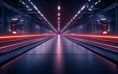 Poster - A futuristic corridor featuring glowing neon lights and sleek surfaces, creating a high-tech atmosphere that suggests advanced technology and innovation.