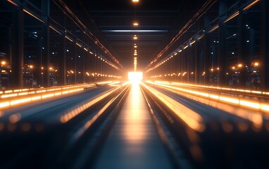 Poster - A perspective view of illuminated tracks leading into a bright, glowing light at the end, creating a sense of depth and mystery.