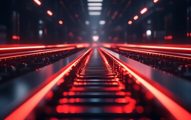 Poster - A futuristic scene featuring illuminated red lines along a metallic pathway, creating a dramatic and technological atmosphere.