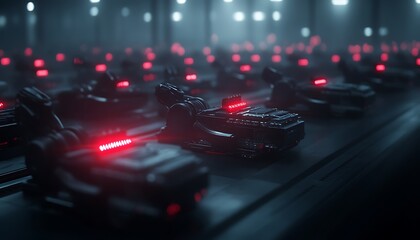 Poster - A dimly lit environment filled with futuristic vehicles, each adorned with glowing red lights, creating a mysterious and high-tech atmosphere.