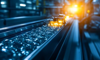 Poster - A close-up view of a production line featuring glistening objects moving under bright lights, showcasing industrial efficiency and technology in action.