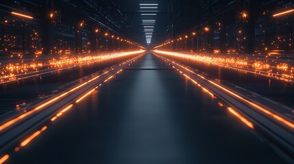 Fototapete - A futuristic corridor illuminated by glowing lines, creating an ethereal atmosphere. The perspective emphasizes depth and technology.