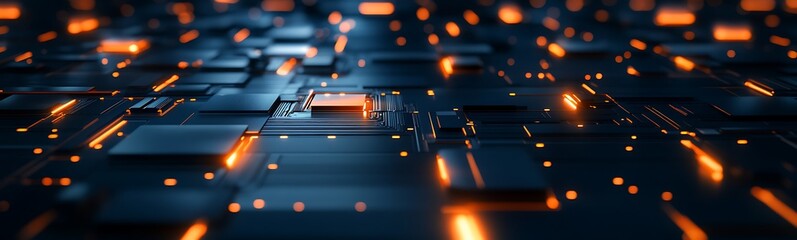 Leinwandbilder - A close-up view of a futuristic circuit board with glowing elements, revealing intricate patterns and technology enhancements.