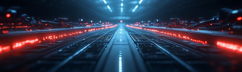 Aufkleber - A futuristic data center corridor illuminated by red and blue lights, creating a sci-fi atmosphere.
