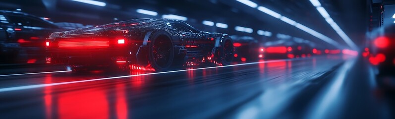 Aufkleber - A futuristic tunnel filled with sleek cars illuminated by vibrant red lights, creating a dynamic, high-tech atmosphere.