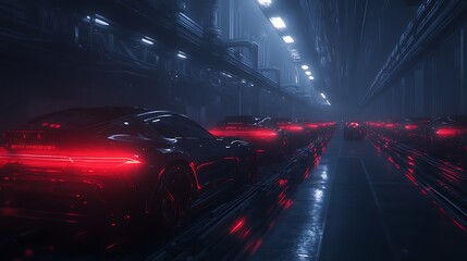 Poster - A futuristic scene depicting sleek, illuminated cars lined up in a dark, neon-lit environment, evoking a high-tech, cyberpunk aesthetic.