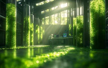 Poster - A serene interior space featuring lush greenery, light filtering through windows, and a peaceful atmosphere, suggesting harmony between nature and the built environment.