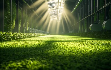 Aufkleber - A serene greenhouse with lush green grass illuminated by soft sunlight streaming through the glass roof, creating a tranquil atmosphere.