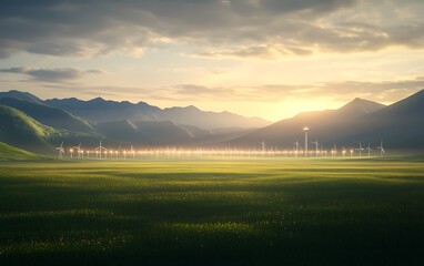 Aufkleber - A serene landscape featuring rolling hills, mountains, and a tranquil field illuminated by soft sunlight, creating a peaceful atmospheric scene.