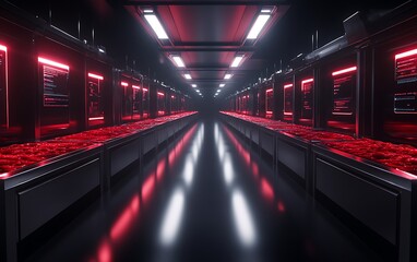 Poster - A futuristic, dark-themed interior featuring rows of illuminated red lights and sleek machinery, creating an immersive technological environment.
