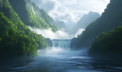 Poster - A serene waterfall cascades through lush green mountains, shrouded in mist, creating a tranquil and picturesque natural landscape.