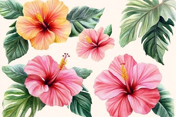  Watercolor tropical hibiscus flower on white background