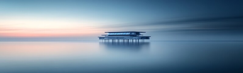 Aufkleber - A serene pier stands still in calm waters, silhouetted against a soft gradient of dawn colors, creating a tranquil and peaceful atmosphere.