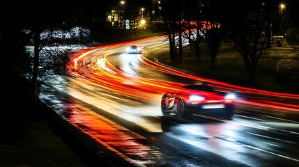 Canvas Print - A dynamic night scene featuring cars with light trails on a wet road.