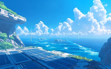 Aufkleber - A vibrant, futuristic landscape featuring a serene ocean, lush greenery, and dramatic clouds under a bright blue sky.