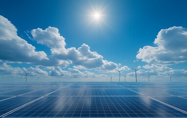 Poster - a bright landscape featuring solar panels under a clear blue sky, accompanied by wind turbines, show