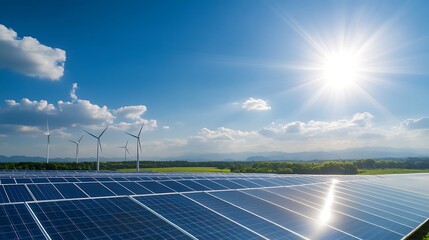 Poster - A bright, sunny landscape featuring solar panels in the foreground and wind turbines in the background under a clear blue sky.