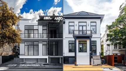 Canvas Print - A side-by-side comparison of a building's construction phase and its completed exterior.