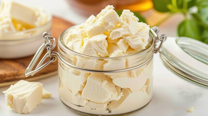 Wall Mural - Palm oil shea butter. Creamy, fresh butter cubes are neatly arranged in a glass jar, showcasing a delectable and rich texture, ideal for cooking and spreading.