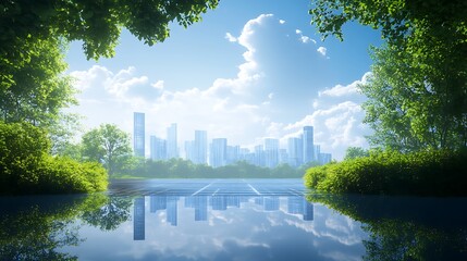 Poster - A tranquil scene of a city skyline reflected in a serene lake, framed by lush greenery and a bright blue sky with fluffy clouds.