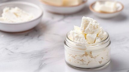 Wall Mural - Palm oil shea butter. A jar of cottage cheese with small curds, surrounded by additional bowls of cheese on a marble surface, creating a fresh and appetizing dairy display.