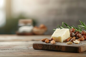 Wall Mural - Palm oil shea butter. A wooden board displays a piece of butter surrounded by various nuts and a sprig of rosemary, set against a soft, blurred background.