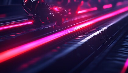 Aufkleber - A futuristic scene showcasing glowing pink and purple light trails on a dark, textured surface, evoking a sense of technology and motion.