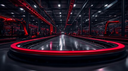 Poster - A futuristic, dimly lit space featuring a circular track surrounded by vibrant red lighting in an industrial setting.