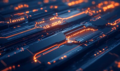 Aufkleber - An abstract digital background featuring intricate circuitry, glowing lines, and vibrant orange lights, conveying a high-tech, futuristic atmosphere.