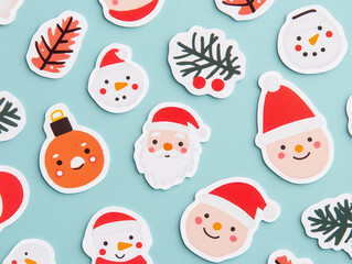 Wall Mural - Joyful Christmas themed stickers featuring Santa, snowmen, and festive elements create cheerful holiday atmosphere. Perfect for decorating gifts and cards