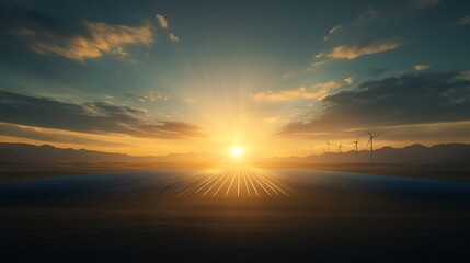 Aufkleber - A serene sunrise over a vast landscape, with colorful skies and silhouettes of distant wind turbines.