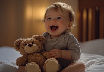 A cute baby with short hair is sitting on the bed, happily holding and playing with their teddy bear toy in front of them