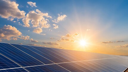 Poster - A landscape featuring solar panels under a bright sky with clouds and a radiant sunset, showcasing renewable energy and sustainability.