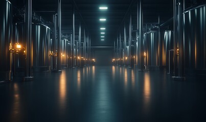 Poster - A dimly lit corridor lined with metallic pillars, illuminated by glowing lights, creating a futuristic, industrial atmosphere.