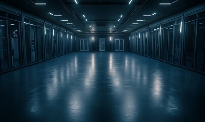 Poster - A dimly lit corridor with rows of glass rooms, creating a mysterious and futuristic atmosphere.